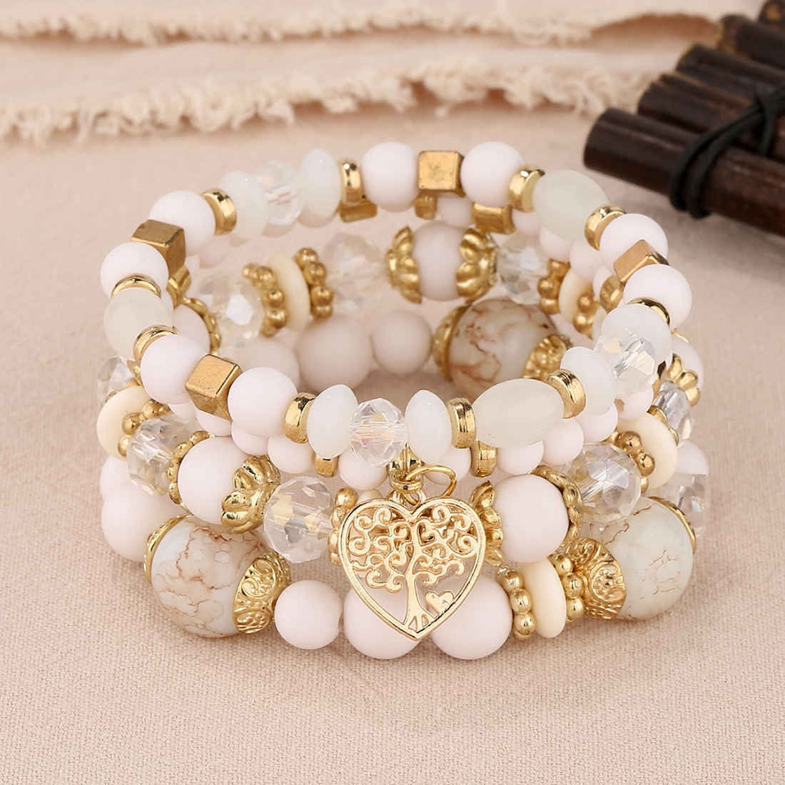 Conjunto de pulsera de corazón de árbol de la vida para mujer, cadena de cuentas de cristal acrílico, brazalete elástico, joyería de de femenina, 4 Uds.: Estampado en caliente