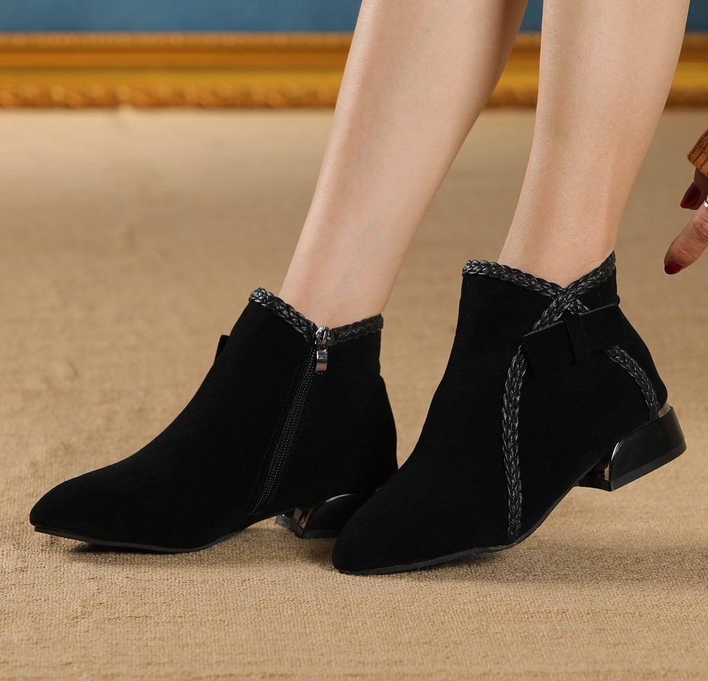 Women's Winter Suede Short Boots Classic Business Pointed Ankle Boot Office Lady Low Heel Formal Dress Shoes Side Zip