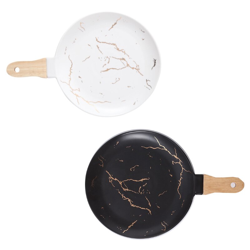 Marble Stripe Round Ceramic Pizza Pasta Plate Cookware Porcelain Sushi Tableware Wooden Bamboo Handle Hold In Hand Suspension