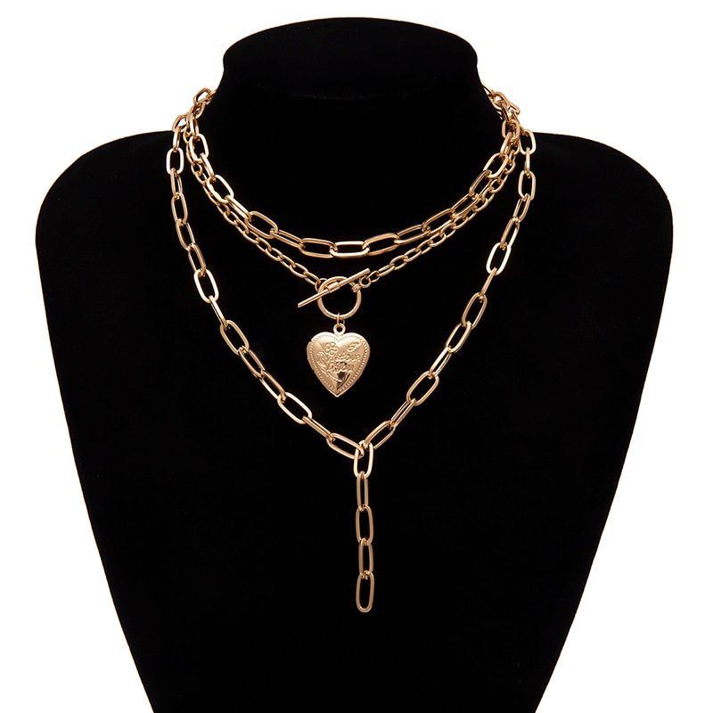 SHIXIN Multi Layer Love Heart Locket Necklace for Women Punk Gold/Silver Chain Necklace Hiphop Jewelry Female Jewelry