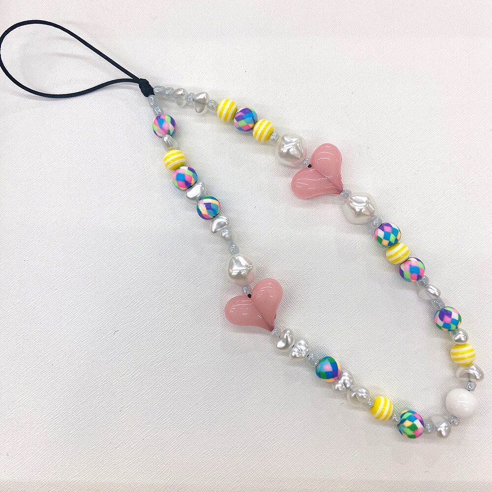 Colorful Beads Mobile Phone Chain Lanyards for Women Girls Bohemia Heart Pearl Rope For Phone Case Hanging Cord CellPhone Strap: 3-32cm