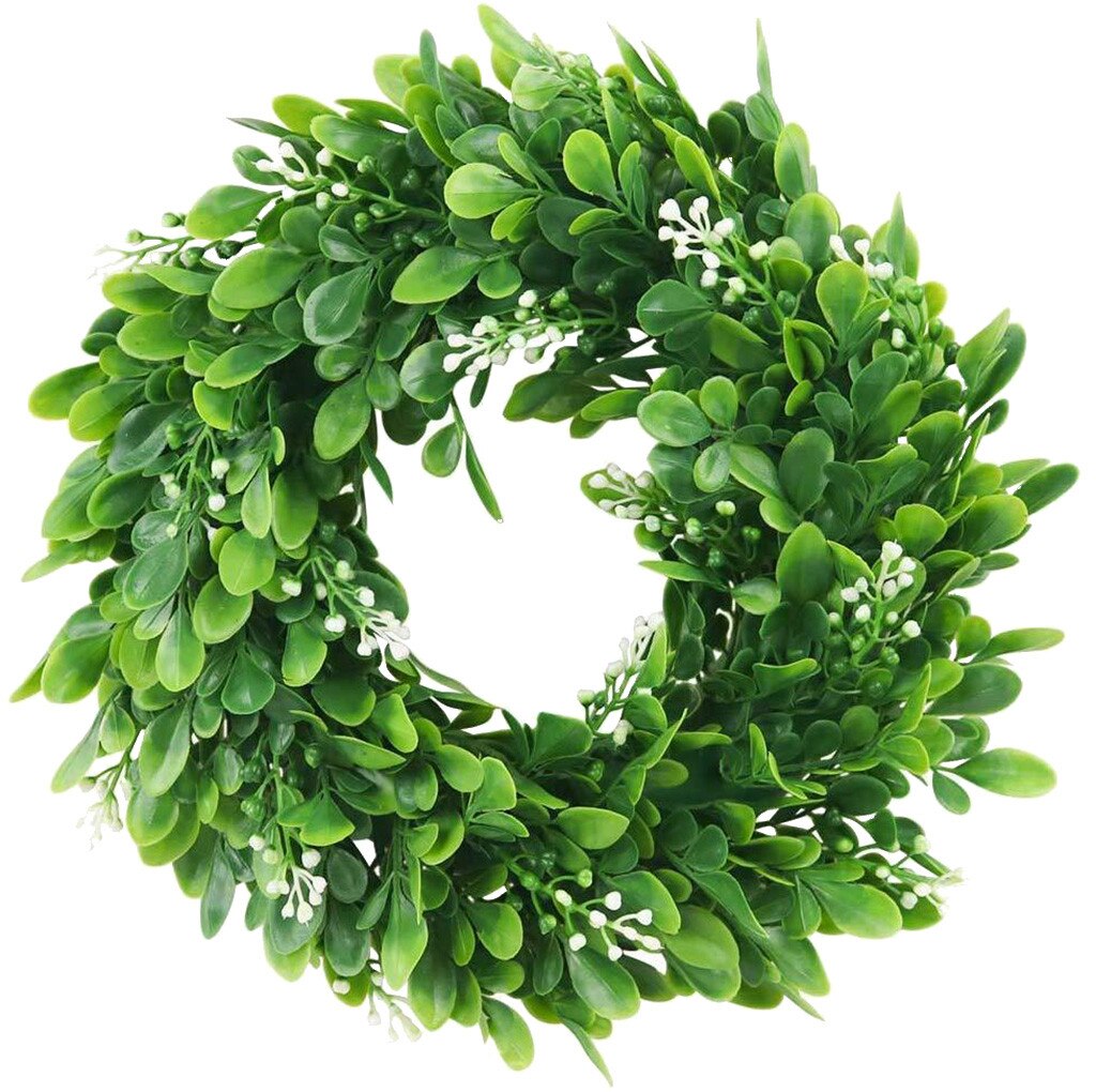 Artificial Green Eucalyptus Wreath,15 Inches Greenery Wreath With Clusters Of White Flowers Mini Spring/summer Wreath For Front: F