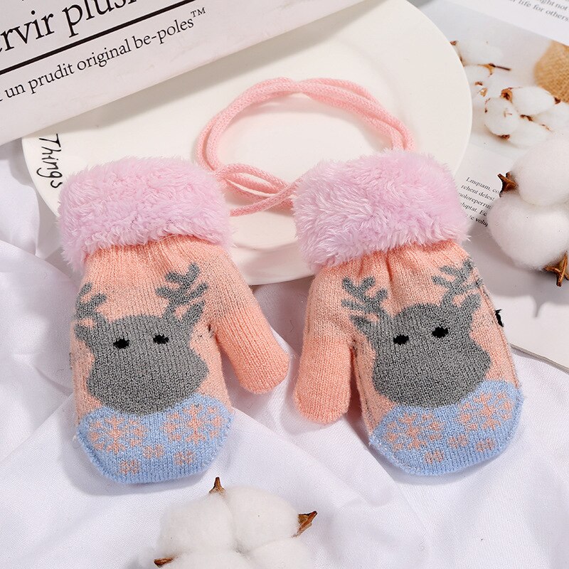 1pair Christmas baby gloves winter knitted Xmas elk mittens kid velvet thick winter warm soft gloves for 1-3Y girls boys: Pink