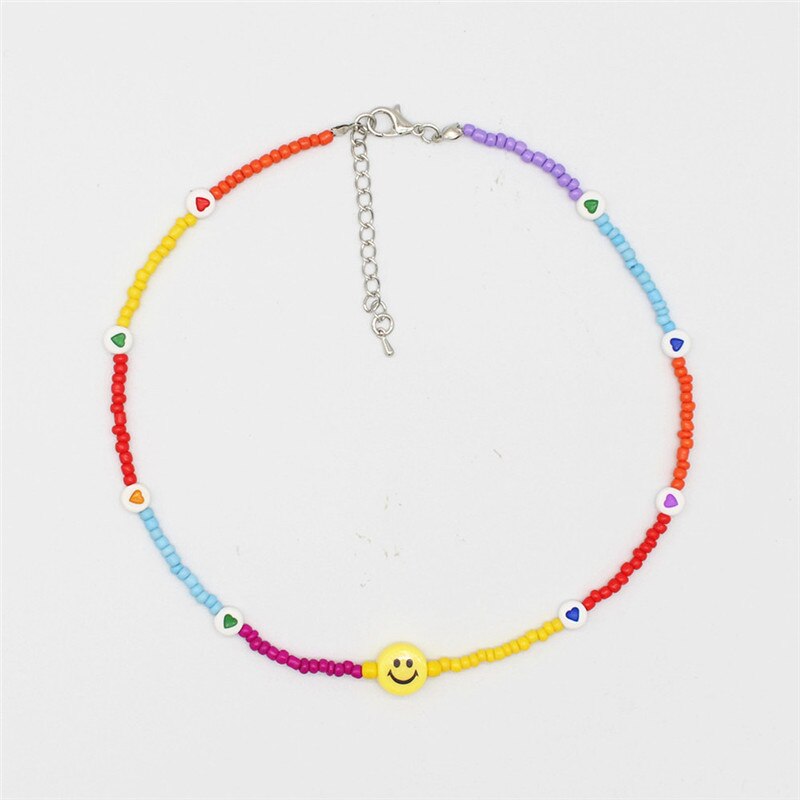 Bohemia Handmade Rainbow Beads Personality Random Color Heart Choker Necklace Women&#39;s Smiley Clavicle Collares Jewelry