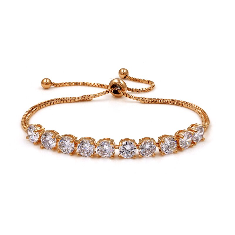 WEIMANJINGDIAN 6mm Round Cubic Zirconia CZ Adjustable Bracelets for Women with Double Layers Box Chains: Rose Gold Color