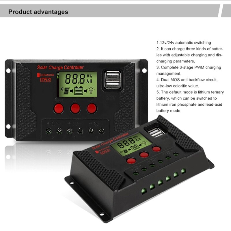 20A/10A 12V 24V Auto Solar Charge Controller PWM Controllers LCD Dual USB 5V Output Solar Panel PV Regulator