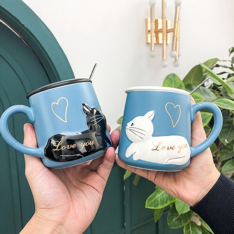 3d lättnad katt keramisk kopp med lock sked vatten kopp tecknad konstnärlig hipster män och kvinnor studenter par kopp