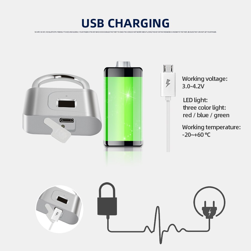 Keyless Usb Oplaadbare Deurslot Vingerafdruk Smart Hangslot Gym Slot Werknemer Locker Quick Unlock Zinklegering Metalen