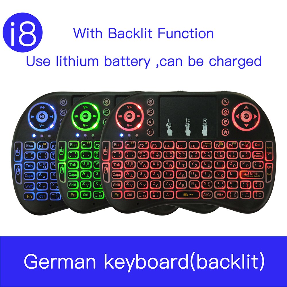 German i8 Backlight Mini Wireless Keyboard Deutsch 2.4GHz with Touchpad mouse for Raspberry Pi 3 RPI 2 Mini PC Smart TV Android: Use Lithium battery