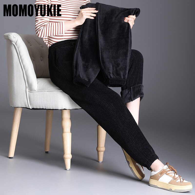 Winter Vrouwen Fleece Broek Corduroy Dikke Warme Joggingbroek Casual Solid Elastische Taille Lace-Up Losse Vrouwelijke Broek Leggings