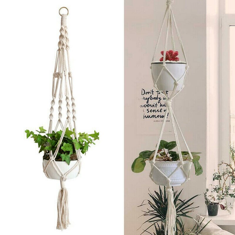 Geknoopte macramé plantenhanger vintage katoenen linnen bloempot mand hijstouw bohemian hangmand pot houder gereedschap