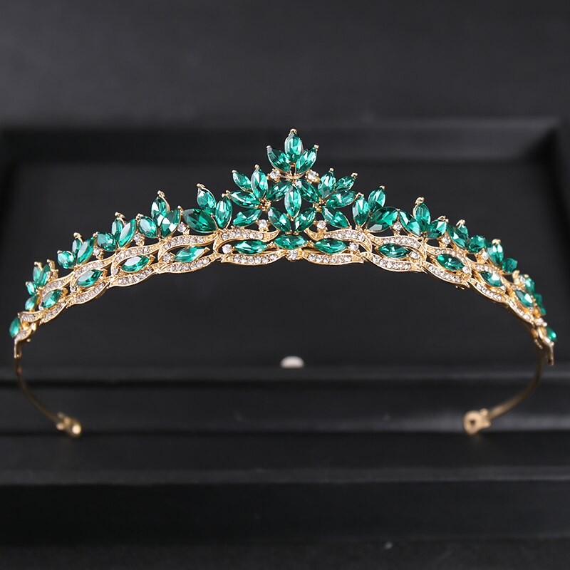 Barokk luksus rhinestone brudekrone tiara sølvbelagt krystall ball diadem kroner pannebånd bryllup hårtilbehør smykker: Grønn