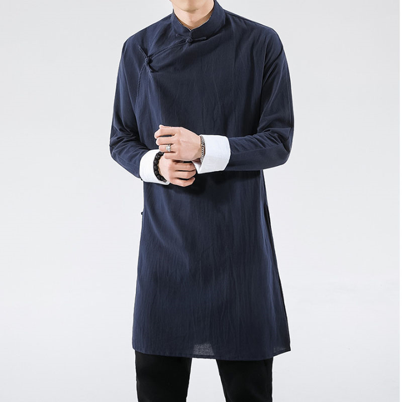 Chinese Traditional Men Robe Kongfu Hanfu Solid Color Tang Suit Yong Chun Tai Chi Gown Cotton Linen Comic Manga Chef Clothes