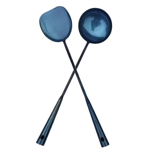 Handgemaakte Ijzeren Wok Non-stick Wok Gietijzeren Pot Afneembare Houten Handvat Keuken Huishoudelijke Kookpot Kookgerei Gasfornuis: spatula and spoon