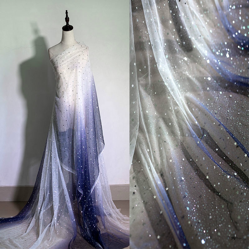 Blødt stof chiffon stof ren dans kjole materiale blå hvid gradient stjerner gaze sequin mesh, ved måleren
