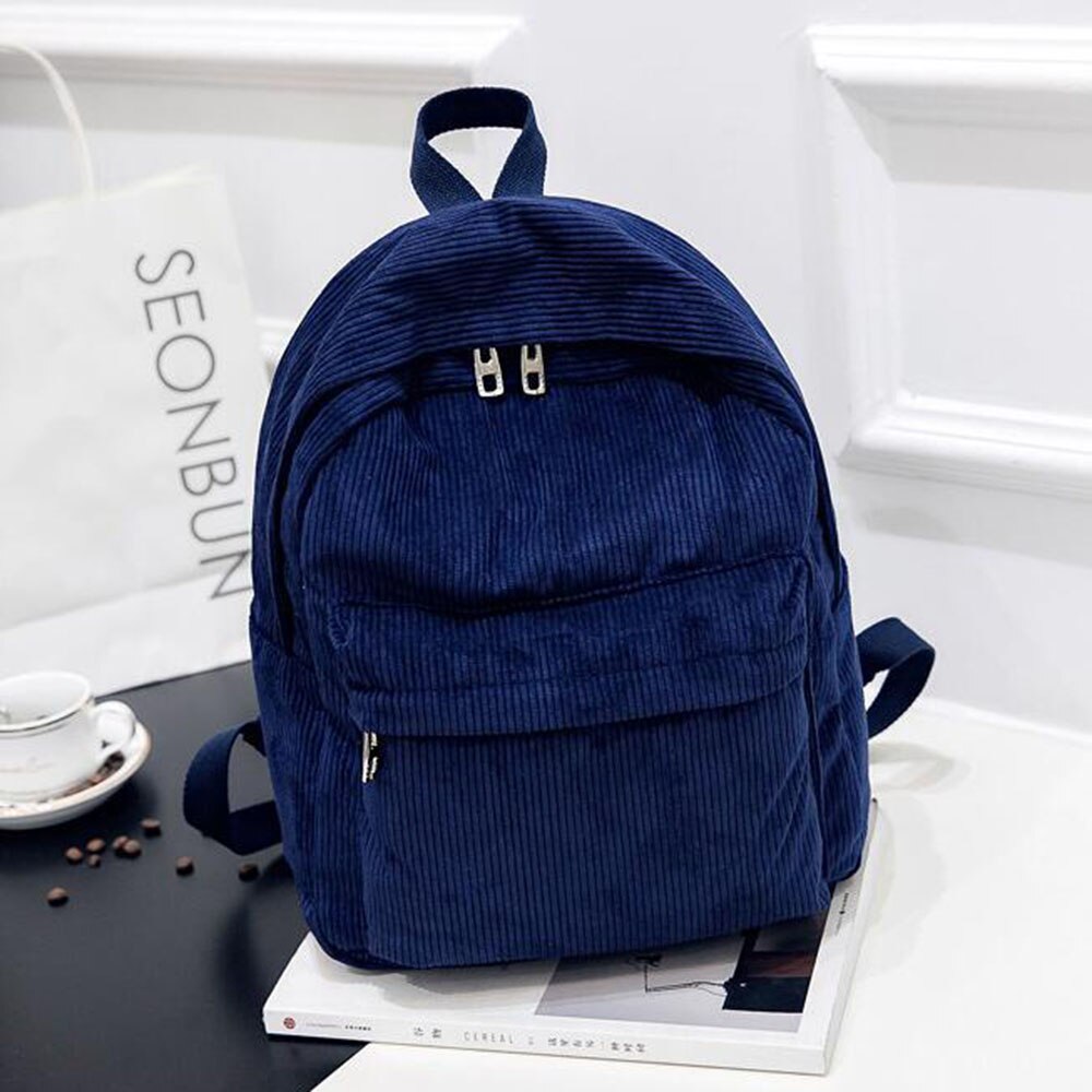 Women Backpack Preppy Style School Bags Soft Fabric Travel Backpack Corduroy Bookbag for Teenage Girls Striped Small Backpack: Blue