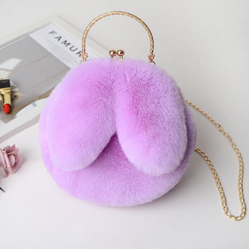 Faux Fur Rabbit Ears Plush Kawaii Round Bag Shoulder Crossbody Bags Women Chain Messenger bag Ladies Solid Furry Handbag: Taro Purple