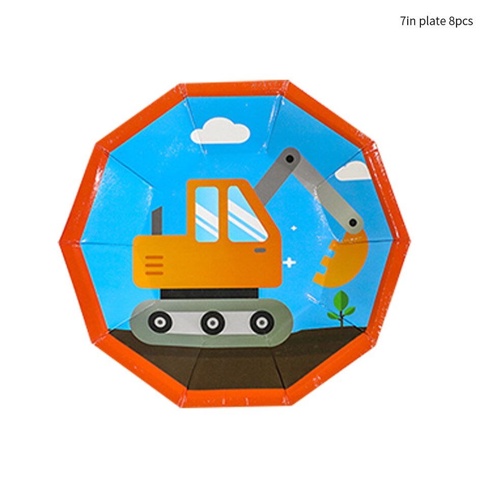 1set Carton Construction Pelle Bulldozer Jetable Vaisselle Assiettes En Papier Tasses pour garçon Joyeux Anniversaire Fête Décoration D&#39;approvisionnement: 7inch plates