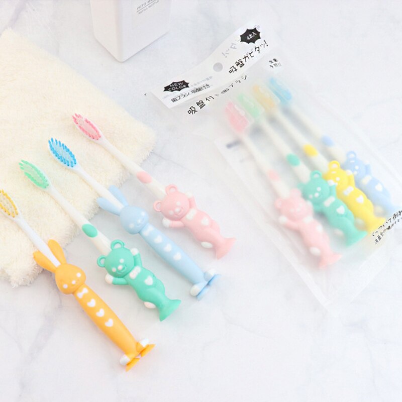 4Pcs/Set Cute Cartoon Kids Toothbrush Bamboo Charcoal Suction Base Soft Hair Children Toothbrush Kids Oral Care Supplies