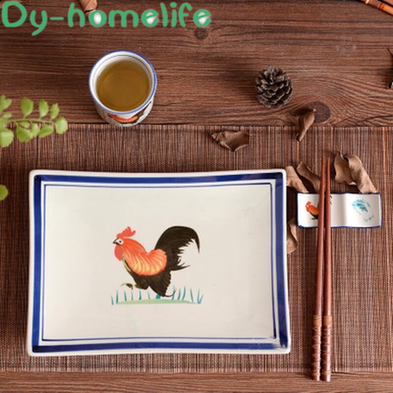 Japanese Style Rooster Figure Rectangular Ceramic Plate Restaurant Household Multi-size Antique Bone China Plate