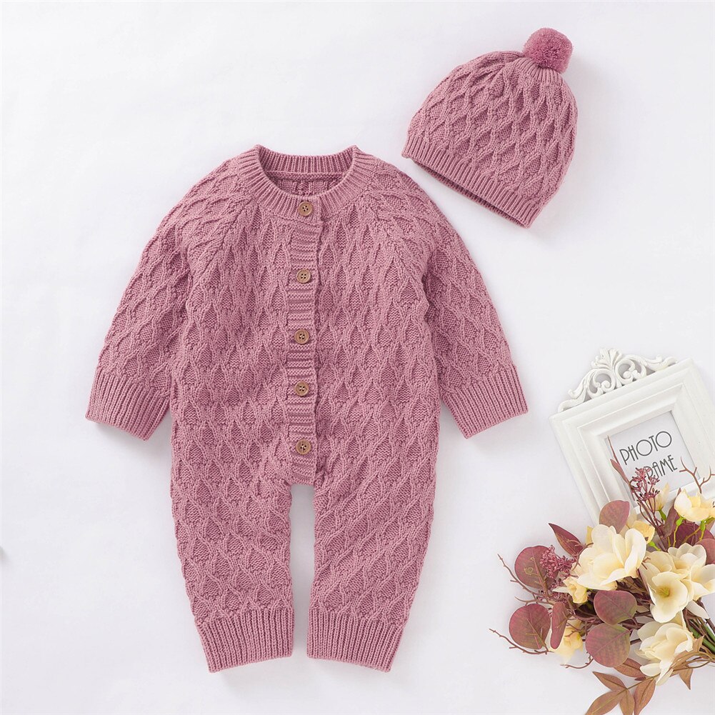 Focusnorm 0-18M Winter Baby Meisjes Jongens Trui Rompertjes Lange Mouwen Single Breasted Solid Warm Jumpsuits Hoeden