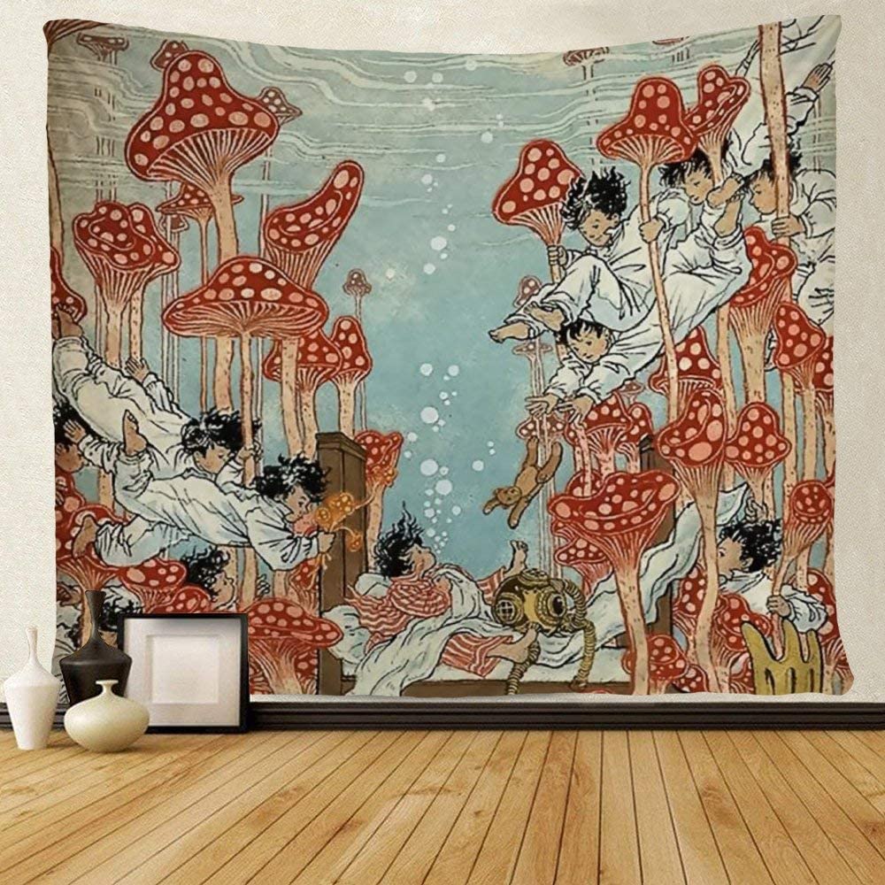 Hippie Art Cute Children and Red Mushroom in Water Tapestry Wall Hanging