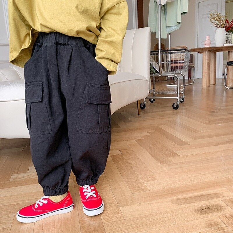 Boys cotton 3 colors side pocket cargo pants Kids all-match loose casual trousers
