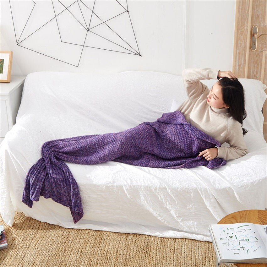 Rose pink Mermaid Tail Blanket Yarn Knitted Handmade Crochet Mermaid Blanket Kids Throw Bed Wrap Super Soft Sleeping Bed Blanket: Dark purple / 70X140cm