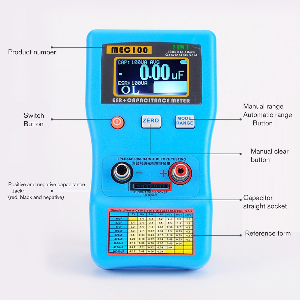 MEC-100 Digital Display Capacitor Meter High Precision Autoranging Electrolytic Capacitance Resistance Meter ESR Tester