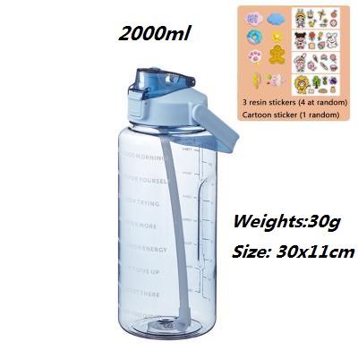 2000Ml Outdoor Water Grote Ketel Met Stro Sport Flessen 3D Cartoon Stickers Water Storge Transparante Sport Fles: 3DSticker Blue