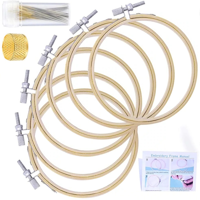 LMDZ Cross Embroidery Hoop Set, 6 Pcs Stitch Hoops, Cross Stitch Circle, Embroidery Circle with 3 Sizes Sewing Needles, Thimble