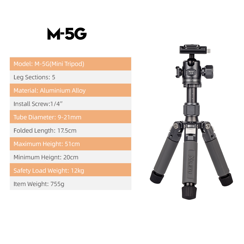 Xiletu  m5g mini bärbart lättviktigt resestativ bordsvideo ministativ med 360 graders kulled för kamera dslr