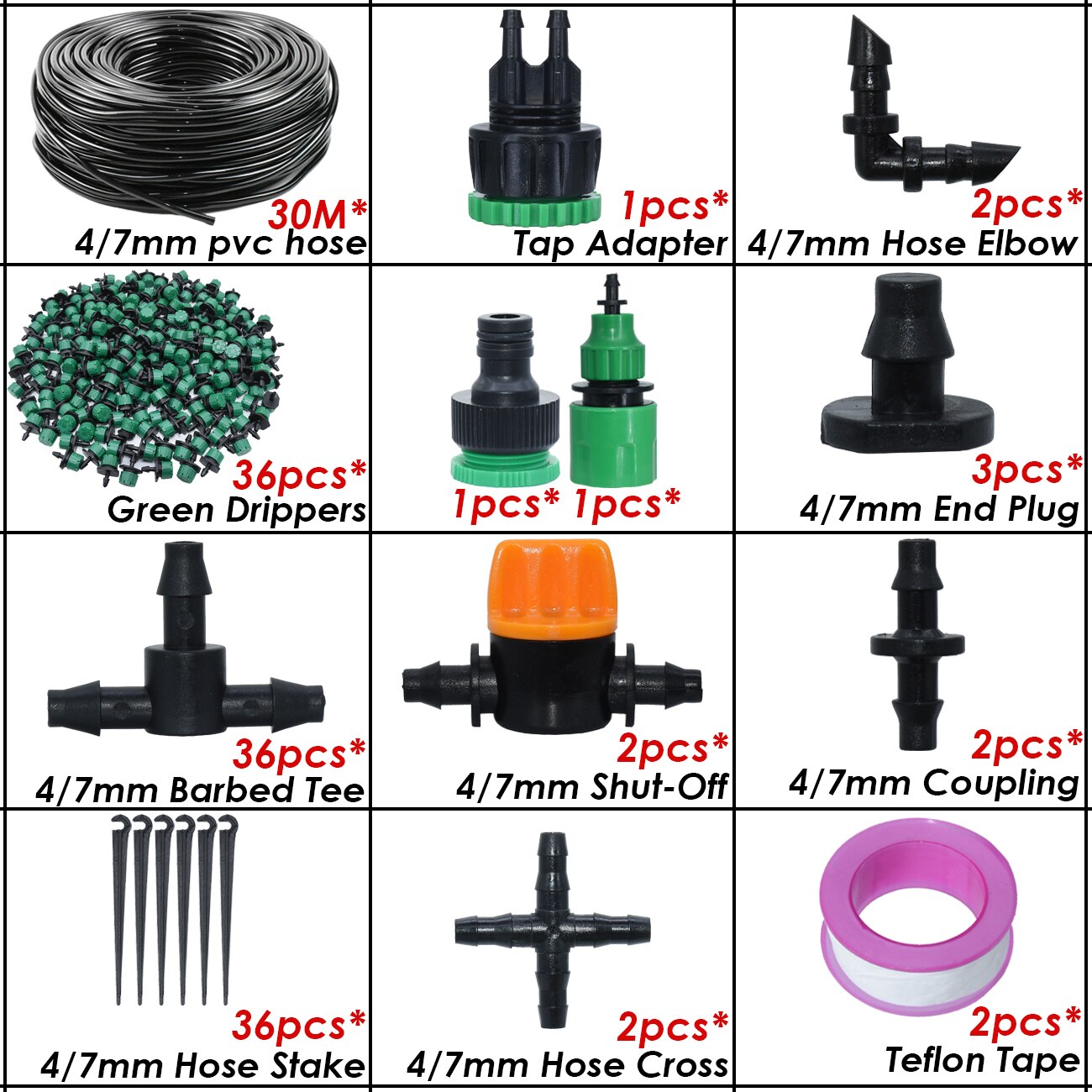 Kit d&#39;arrosage automatique goutte-à-goutte pour serre, 10-50M, 1/4 &#39;&#39;, système d&#39;irrigation, tuyau 4/7mm, buses de brouillard en laiton pour jardin, maison, plante en pot: KSL01-KIT351C-30M