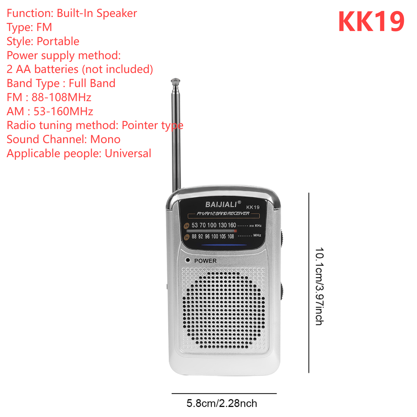 Mini fm-radiovastaanotin ladattava kokoaaltokaistan monitoimiradio teleskooppiantenni sisäänrakennettu kaiutin retkeilyyn: Hopea