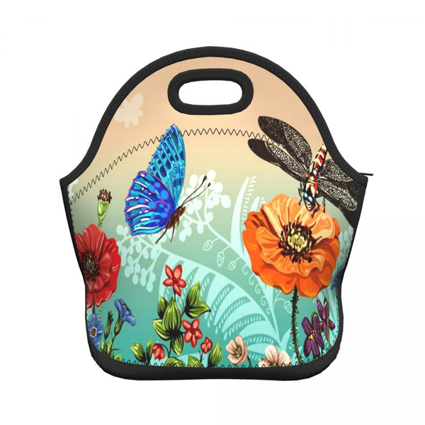 butterflies lunch bag women Portable Insulated lunch box for men girls boys Neoprene Cooler Tote Lunch Bags: Khaki