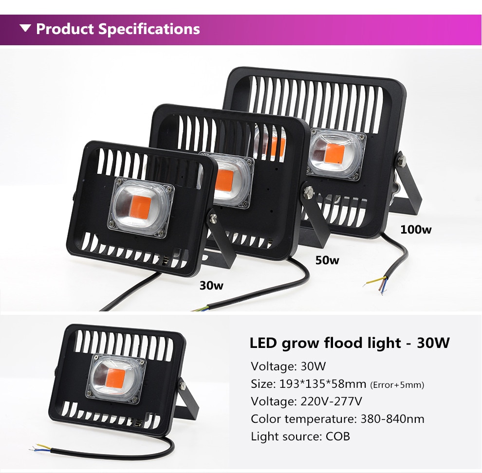 Høy effekt kolbe ledet vokse flom lys/ ledet chip 20w 30w 50w 100w ac220v ip65 vanntett fullspekter 380-780nm til såplante