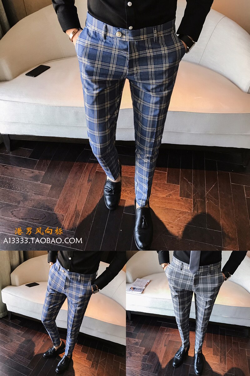 Miesten rento ruudullinen sininen harmaa slim fit housut brittiläiset housut mix väri puku housut nilkkapituus  x34