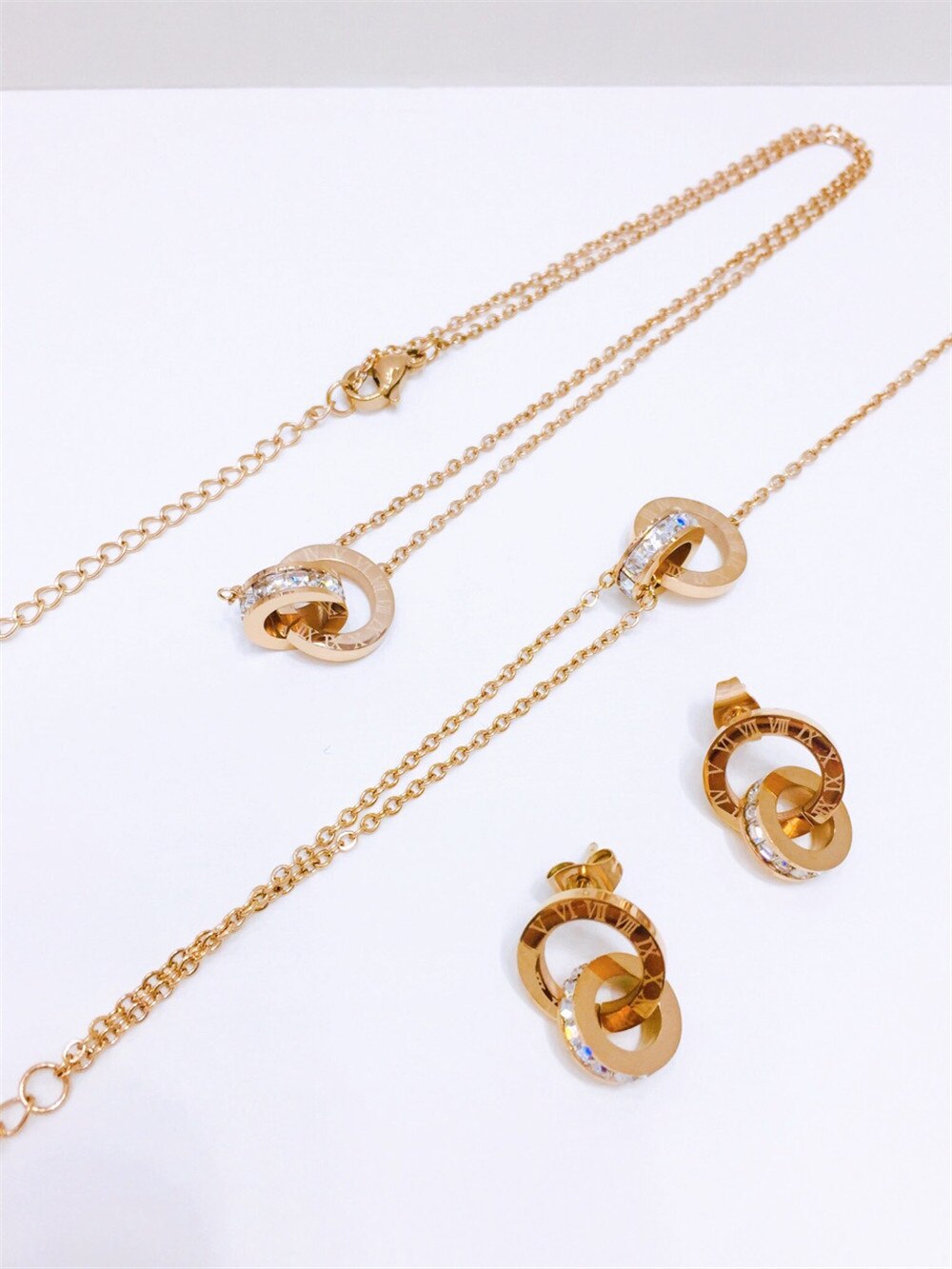 316L Rvs Romeinse Ingelegde Kristallen Lucky Ketting Oorbellen Armband Set Dubbele Ring Ingelegd Zirkoon Sieraden Set