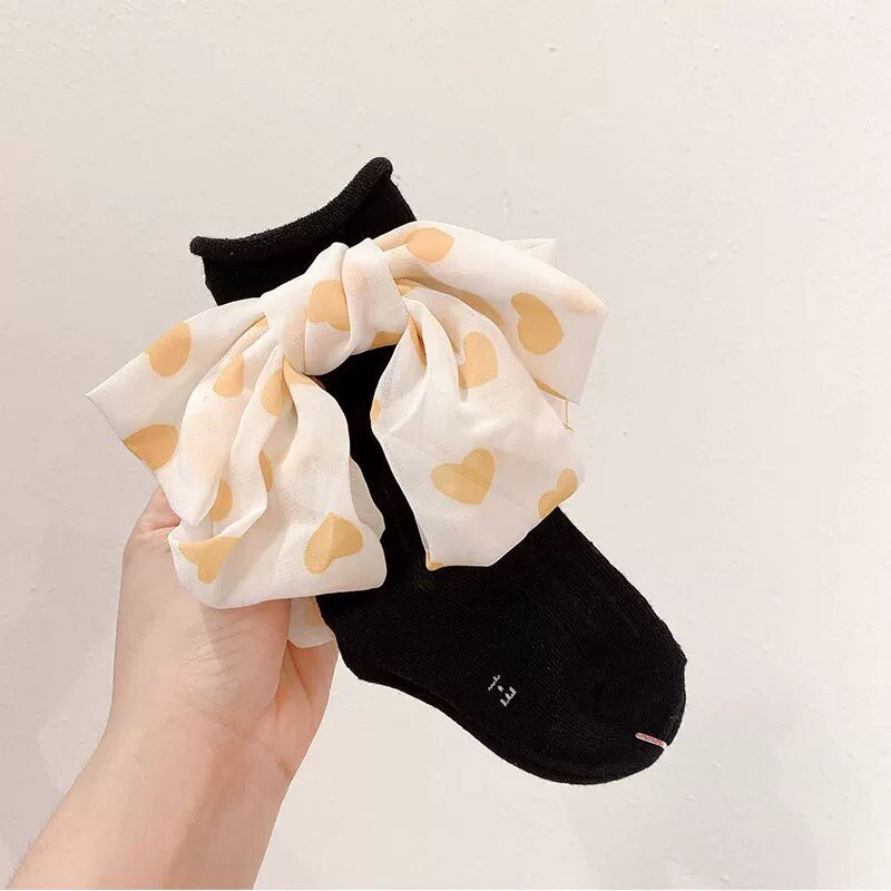 Japanse Uniform Stijl Meisjes Stapel Sokken Chiffon Liefde Print Grote Boog Zoete Baby Meisjes Sokken Kous Kids Kleding Accessoires: C015Y
