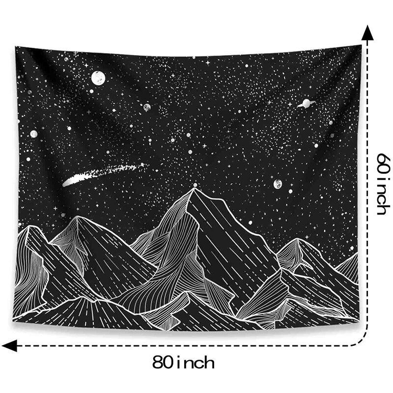 Tapiz de pared de montaña y Luna, tapiz negro y Arte Blanco de estrellas colgantes para decoración del hogar (negro, 60 pulgadas x 80 pulgadas)