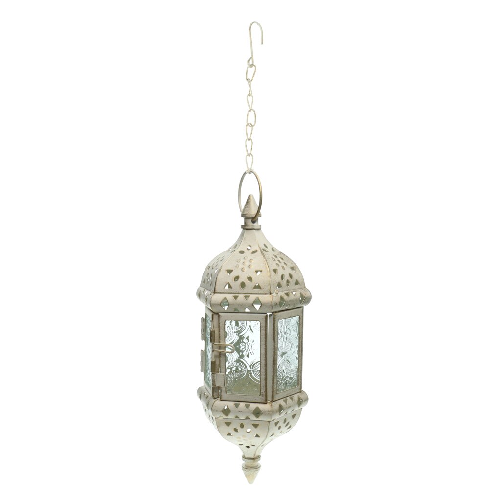 Retro Metal Hanging Candle Lantern Chandelier Moroccan Hollow , 9x9x24cm/3.54x3.54x9.45inch: White 9x9x24cm