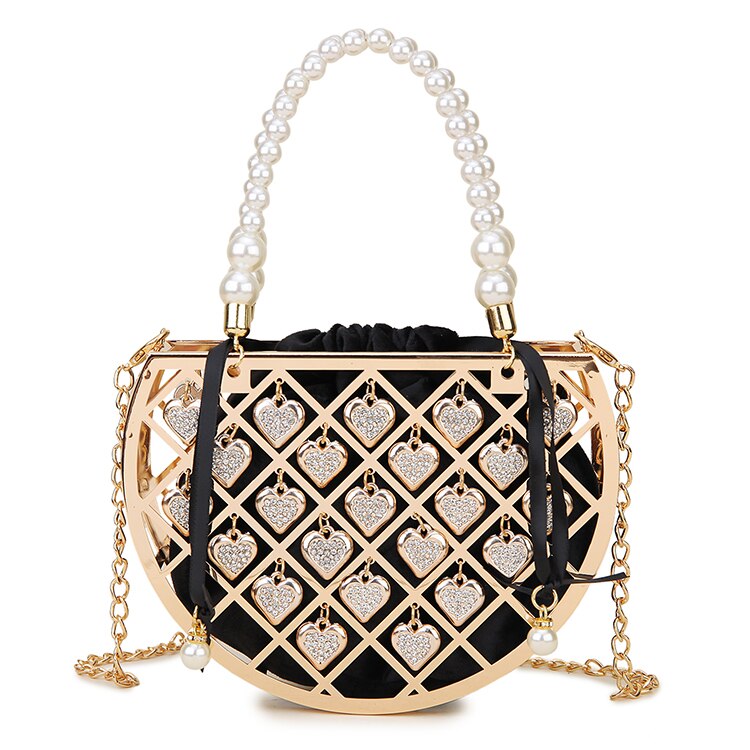 Sac à main en métal pour femmes, seau creux de luxe, sac de soirée pour dames, sacs à main et pochettes à bandoulière avec chaîne, fourre-tout pour Banquet: Black