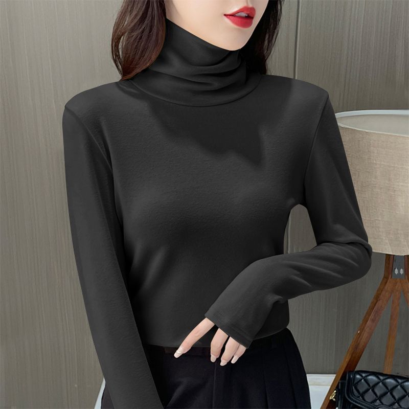Roupa interior térmica feminina inverno engrossar gola alta camisa inferior de veludo quente topos semi gola alta pulôveres de manga longa