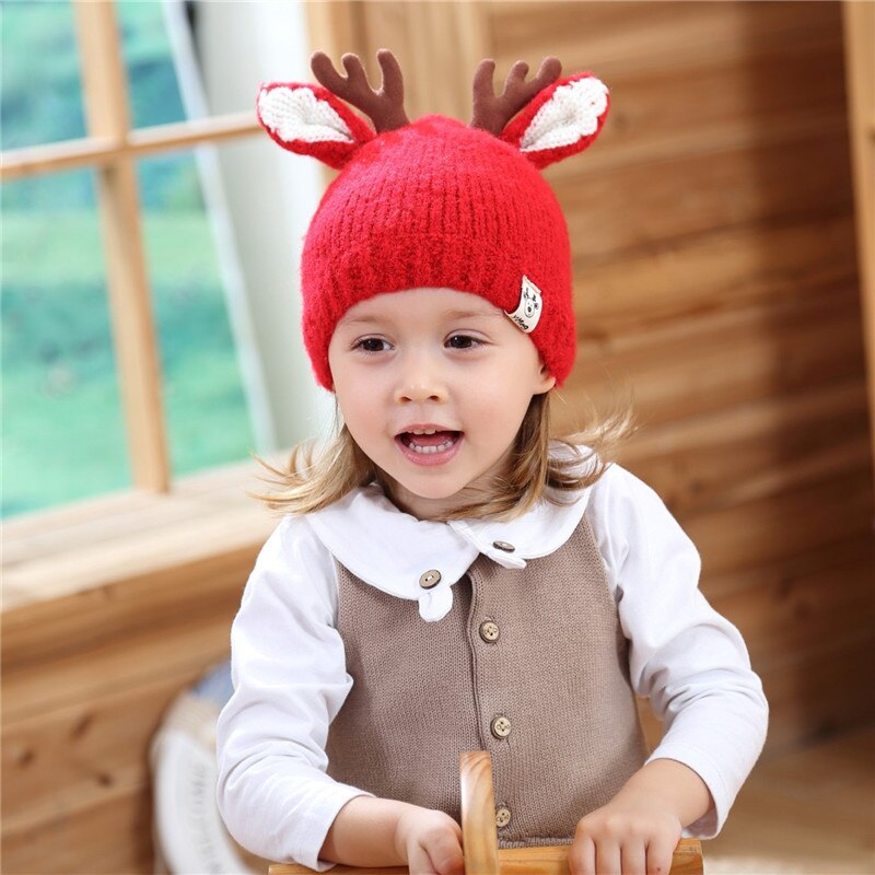 Gorrito de Reno para bebé, sombrero tejido al Crochet suave y cálido, de Navidad para niños y niñas: Rojo