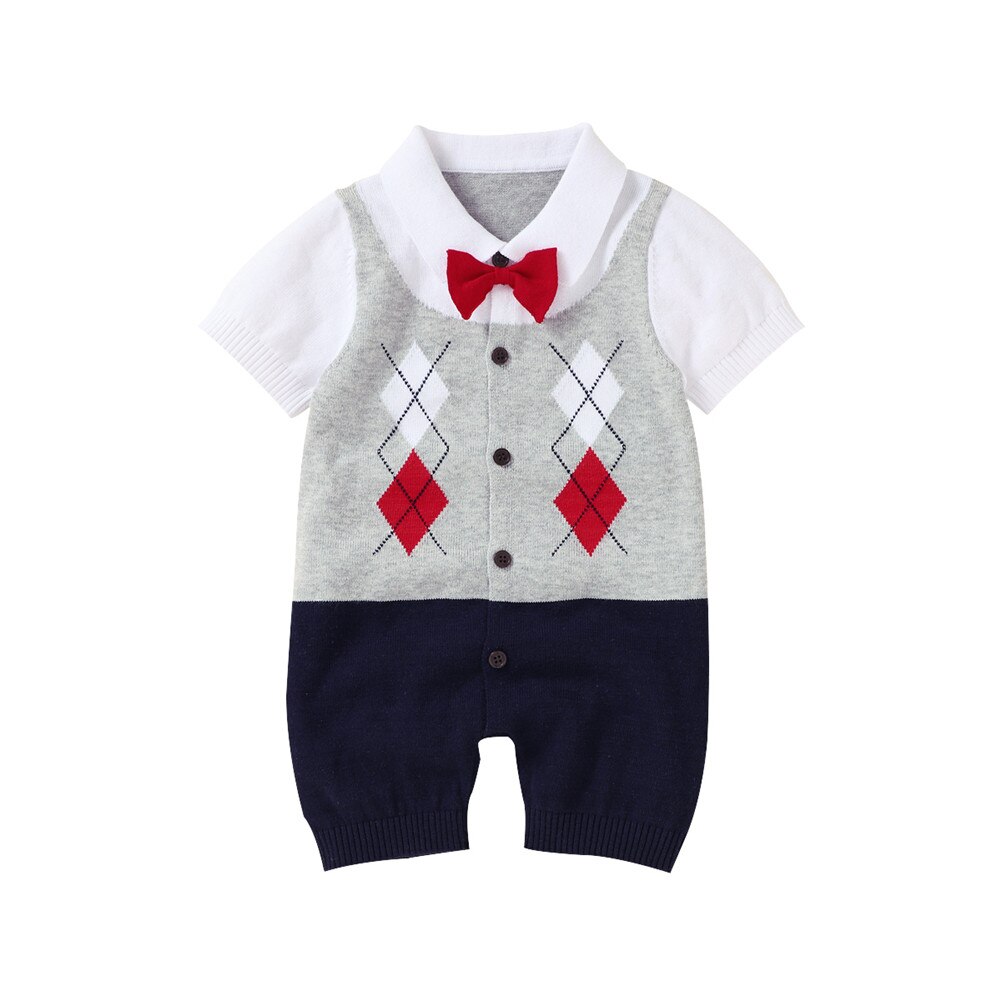 Infant Baby Boys Bow Tie Retro Romper Cotton Short Sleeve Button-Down Folded Patchwork Knitted Patchwork British Style Jumpsuit: Gray / 12M