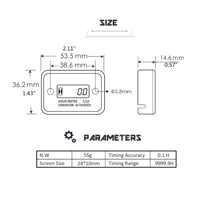 Tach Vibration Hour Meter Hour Counter RPM Counter Waterproof, LCD Screen Operating Hour Meter with Wireless