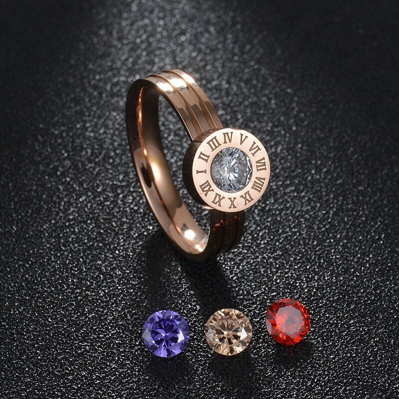 Letdiffery rustfrit stål romerske tal kvinder ringe 4 udskiftelige cz sten bryllup smykker til forlovelse: 7 / Rose guld