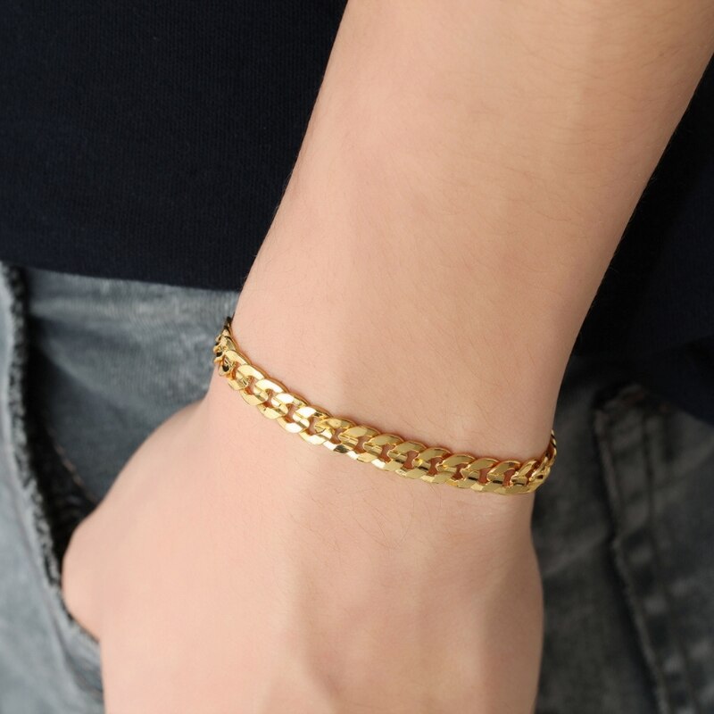 Gold Stainless Steel Bracelet 6mm Width Curb Chain Link Bracelet Jewelry 87HB