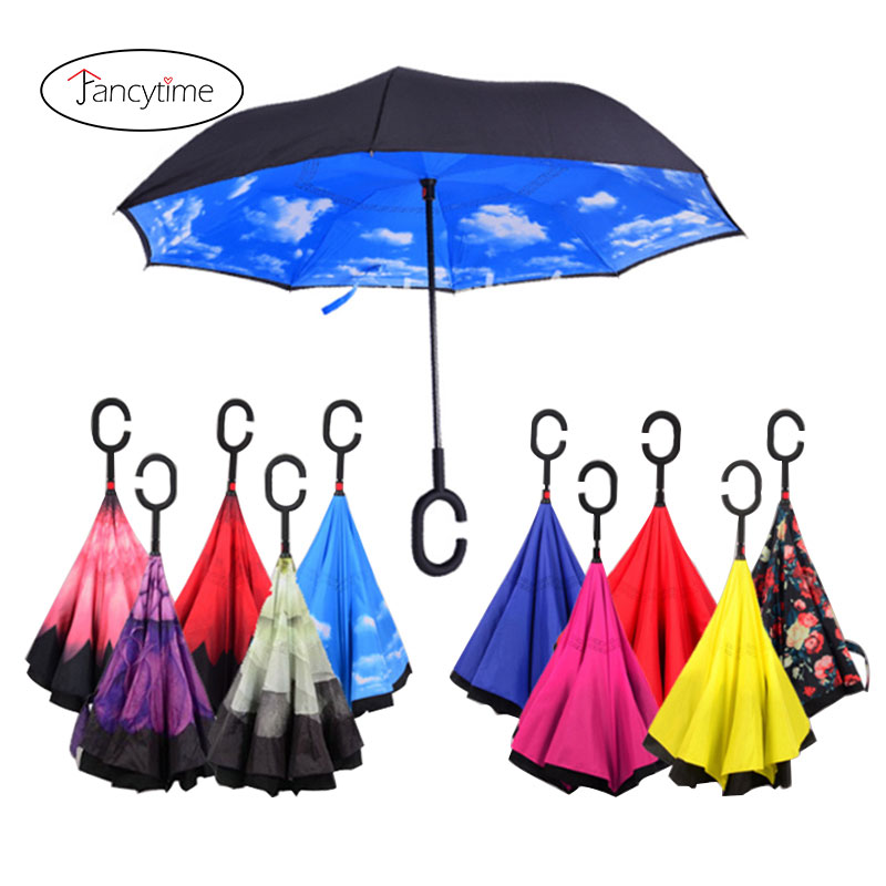 Fancytime paraguas de lluvia inverso para mujer plegable de doble capa para hombres soporte autónomo paraguas de mujer paraguas invertido a prueba de viento