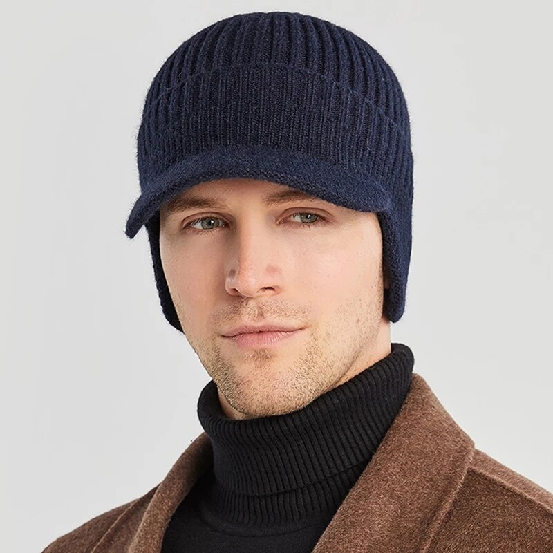 Outdoor Men Winter Knitted Ear Protection Cap Think Wool Beanies Bonnet Snapback Short Brim Hat Cycling Plush Keep Warm Hat